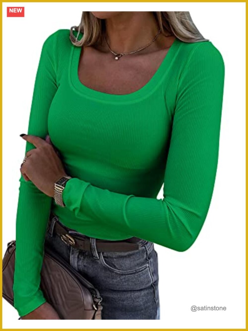 Long Sleeve Scoop Neck Ribbed Knit Fitted Tee Slim Fit Casual Top